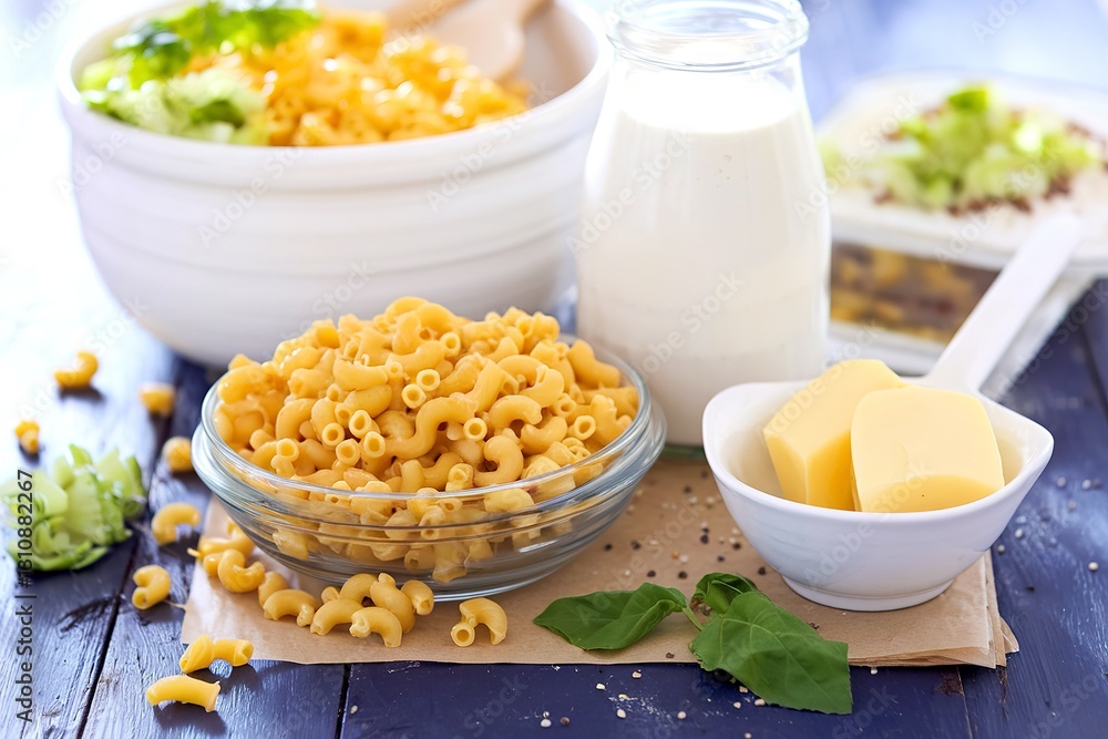 Ingredients for macaroni and cheese on the table Ingredients for macaroni and cheese on the table
