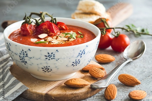 Tomato soup in a bowl with baked tomatoes and almonds
