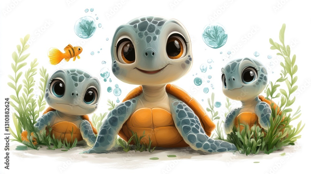 Fototapeta premium Cute cartoon sea turtles in an underwater scene.