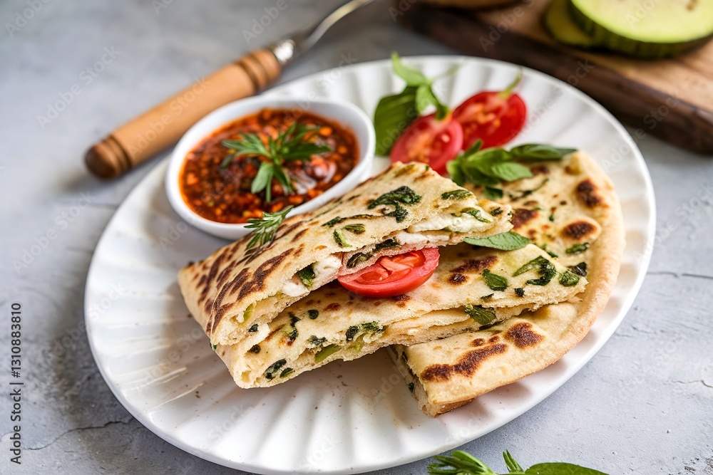 Cheese and herbs flatbread served with spicy dipping sauce Cheese and herbs flatbread served with spicy dipping sauce