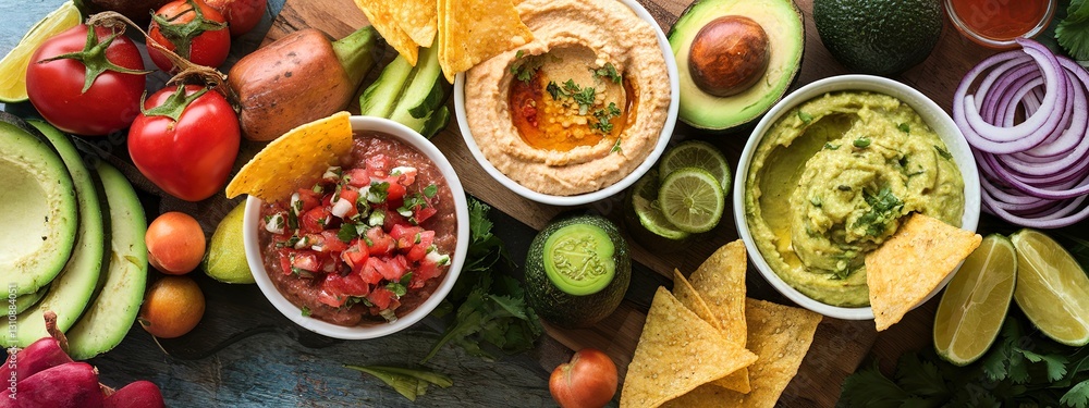 Homemade hummus, salsa and guacamole with corn chips and vegetables overhead view Homemade hummus, salsa and guacamole with corn chips and vegetables overhead view