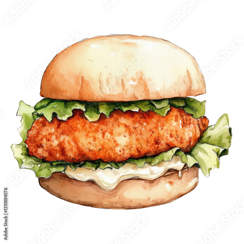 A watercolor illustration of a chicken sandwich with crispy lettuce and mayonnaise
