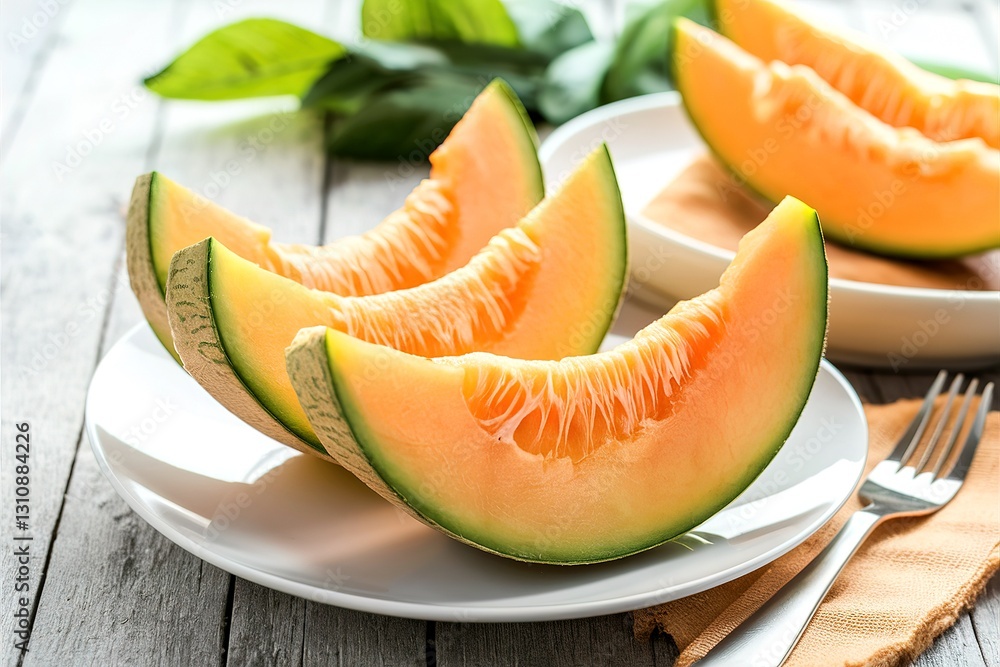 Ripe fresh cantaloupe slices on white plate Ripe fresh cantaloupe slices on white plate