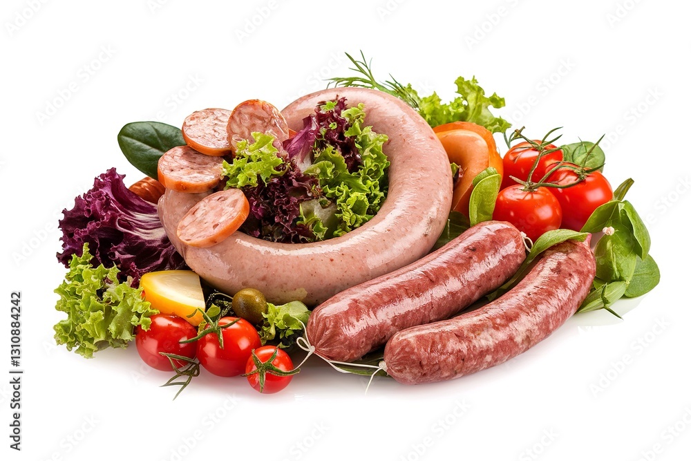Sausages assortment with salad isolated on white background Sausages assortment with salad isolated on white background