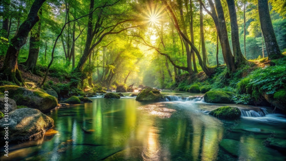 Tranquil stream, lush greenery, crystal-clear water, serene nature's embrace. Tranquil stream, lush greenery, crystal-clear water, serene nature's embrace.