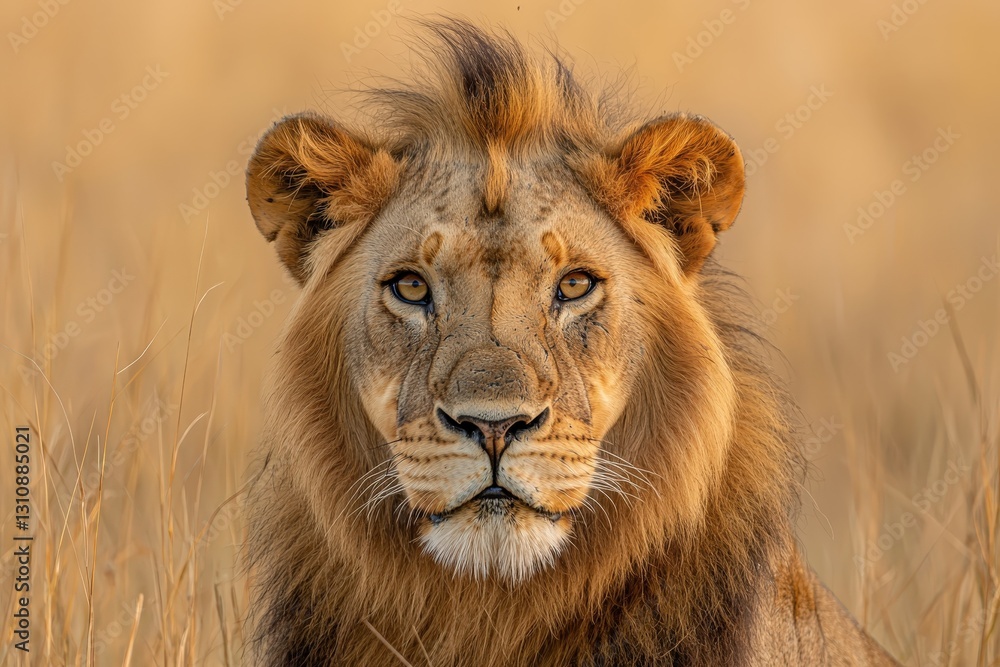 Majestic Portrait of an African Lion Surrounded by Golden Grass Under Warm Light Majestic Portrait of an African Lion Surrounded by Golden Grass Under Warm Light