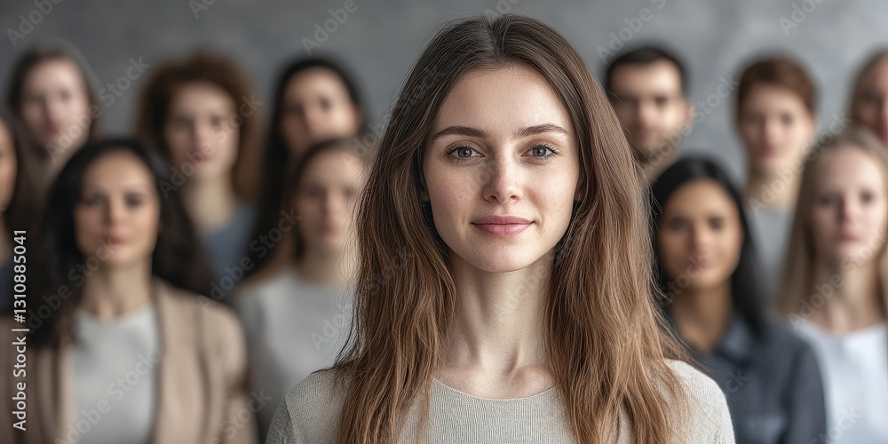 Obraz premium Confident Young Woman Leading a Diverse Group of People in a Modern Setting