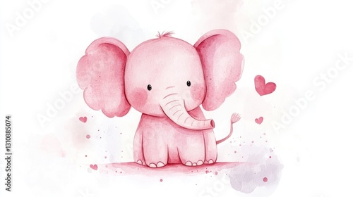 An adorable pink watercolor illustration of a cartoon baby elephant
