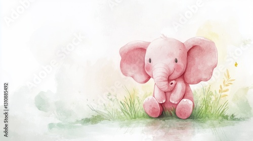 Adorable Pink Elephant Cartoon Sitting Comfortably On Green Grass