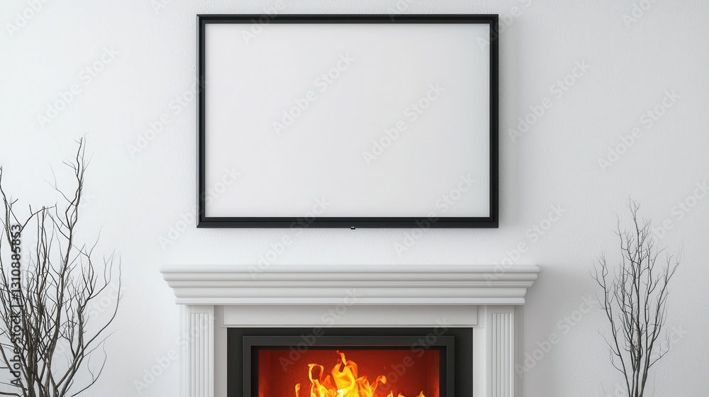 Fototapeta premium Cozy Living Room with Blank Frame and Flickering Fireplace
