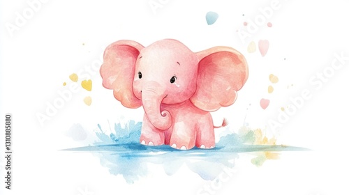 Watercolor Painting Depicts a Playful Pink Baby Elephant