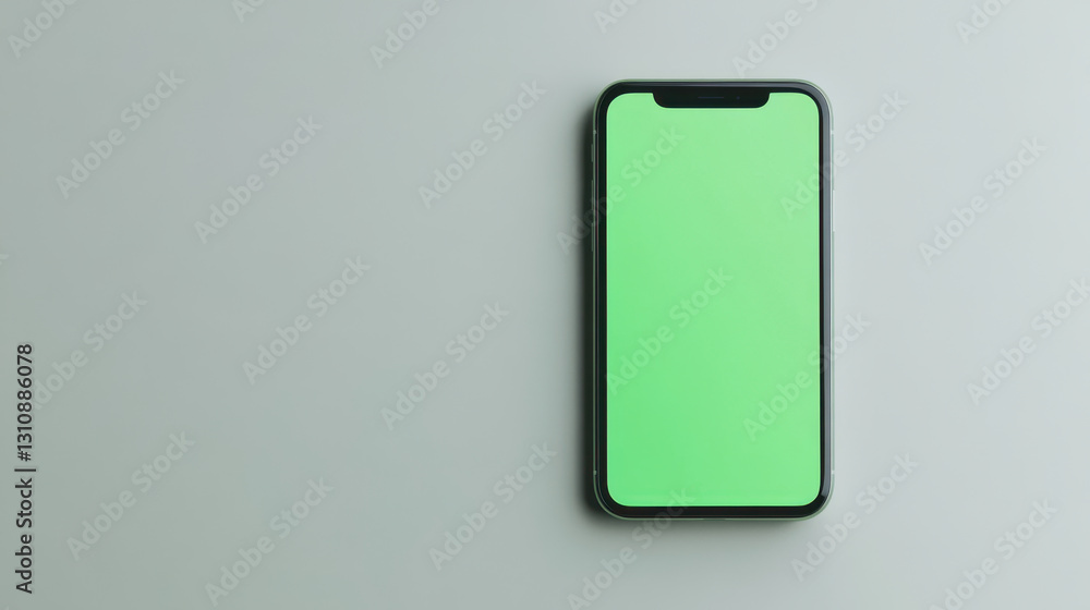 smartphone with green screen on light gray background, ideal for mockups and presentations. device is centered, showcasing its sleek design and vibrant display smartphone with green screen on light gray background, ideal for mockups and presentations. device is centered, showcasing its sleek design and vibrant display
