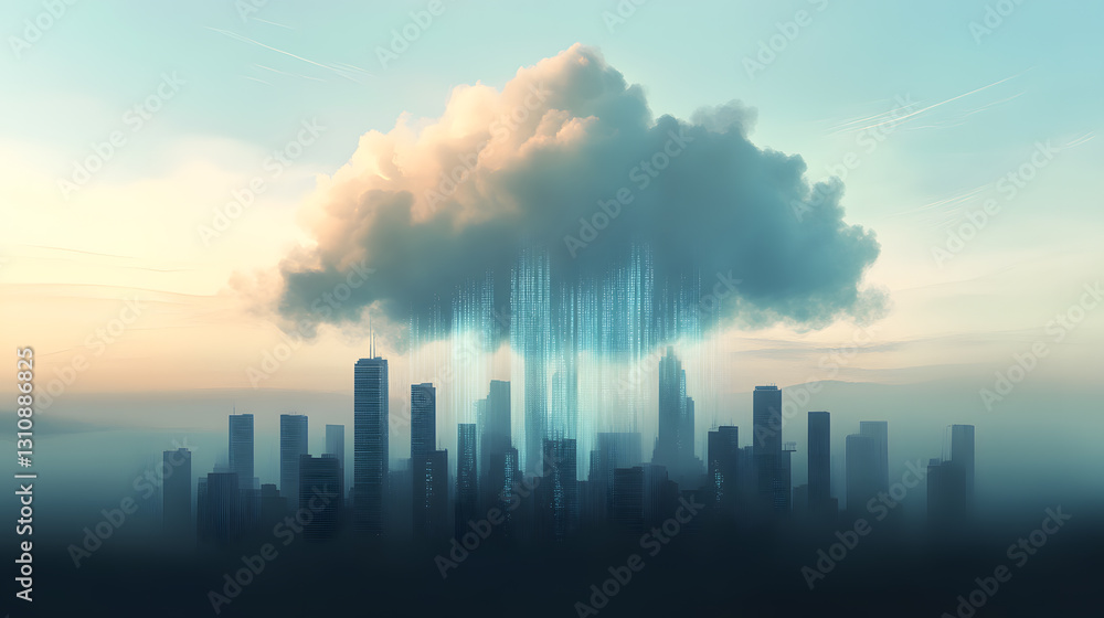 A conceptual image of a massive data cloud forming above a futuristic city skyline, representing artificial intelligence and machine learning computations. The cloud is filled with flowing streams of A conceptual image of a massive data cloud forming above a futuristic city skyline, representing artificial intelligence and machine learning computations. The cloud is filled with flowing streams of