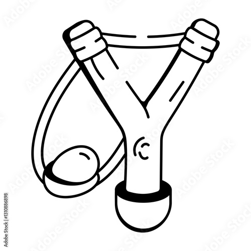 A hand drawn style icon of slingshot 
slingshot, catapult, toy, plaything, thrower, safari, hunting, tool, doodle, sketchy, drawing, vector, icon