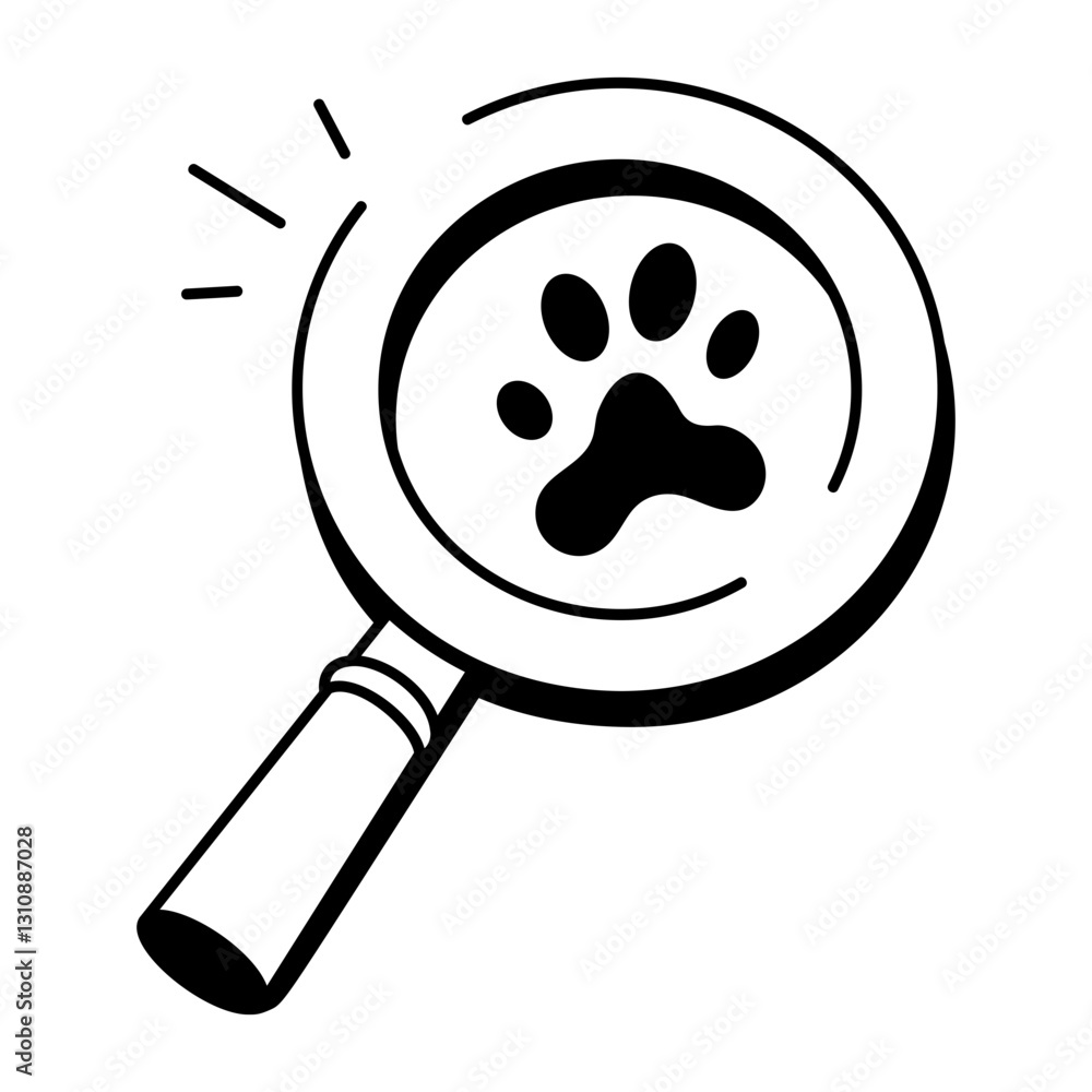 Examining an animal footprint using magnifying glass, doodle icon Examining an animal footprint using magnifying glass, doodle icon
