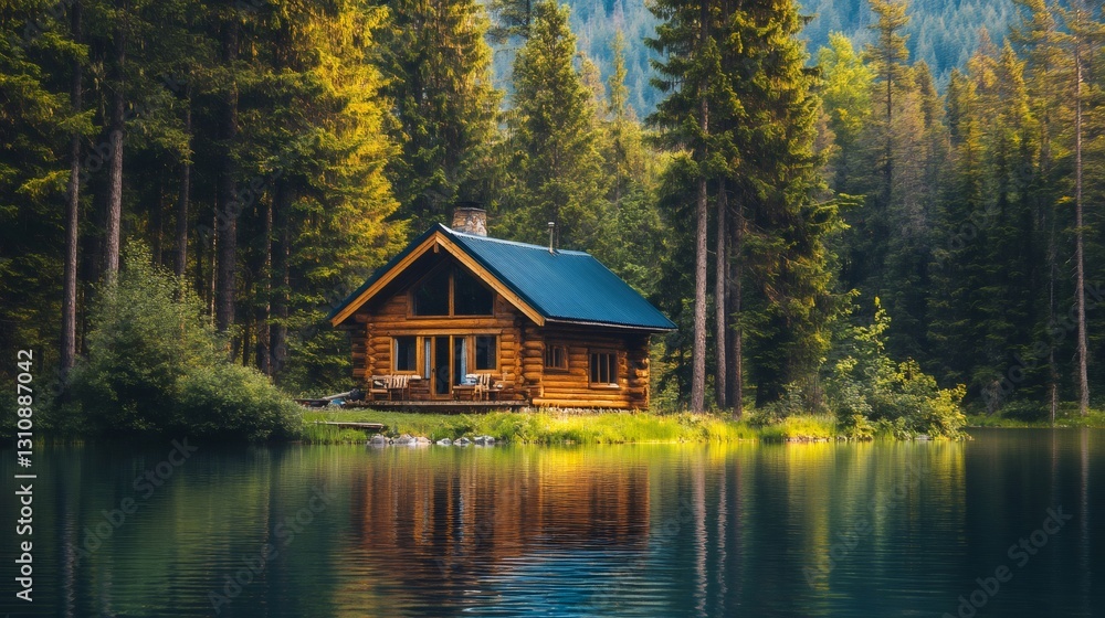 Wooden cabin reflecting on a pristine lake surrounded by forest Wooden cabin reflecting on a pristine lake surrounded by forest