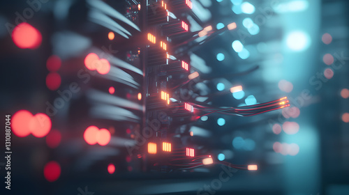 A towering AI-driven supercomputer with fiber optic cables glowing in multiple colors, indicating active machine learning computations. The surrounding area is dimly lit, focusing on the complex