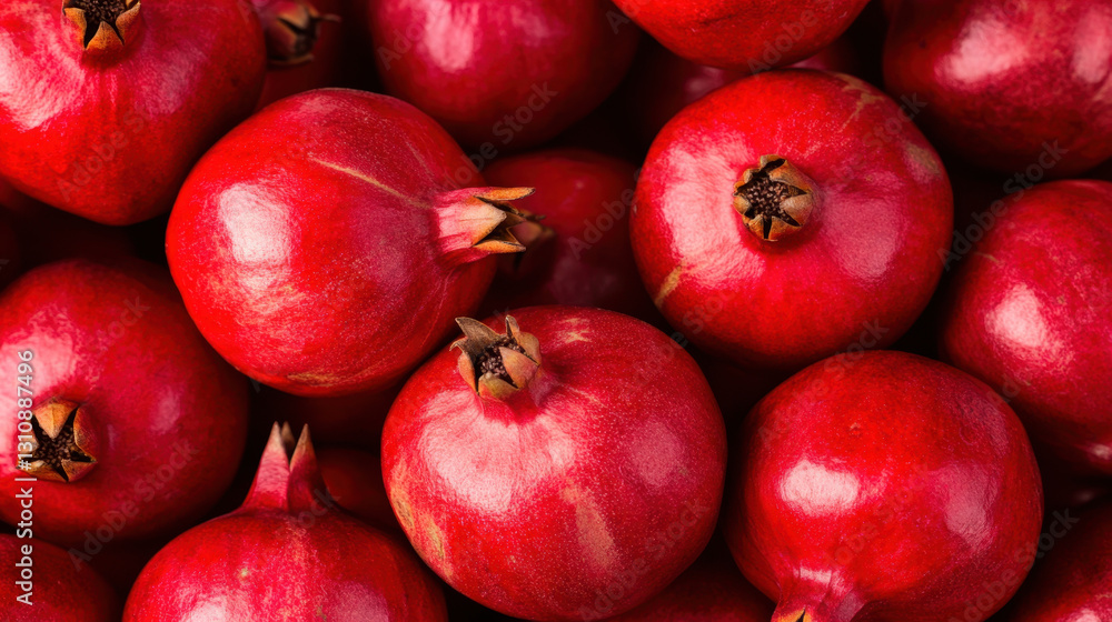 Fresh pomegranates with vibrant red skin create rich, textured background. Their glossy surface and unique shape add visual interest to any design Fresh pomegranates with vibrant red skin create rich, textured background. Their glossy surface and unique shape add visual interest to any design