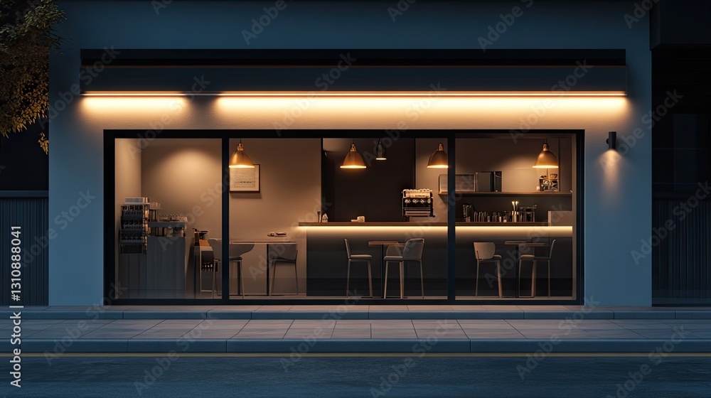 custom made wallpaper toronto digitalChic minimalist bistro with a sleek modern storefront, neutral tones, and warm lighting.