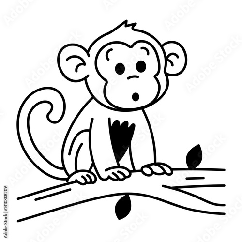 A hand drawn icon of a monkey sitting on a tree branch 