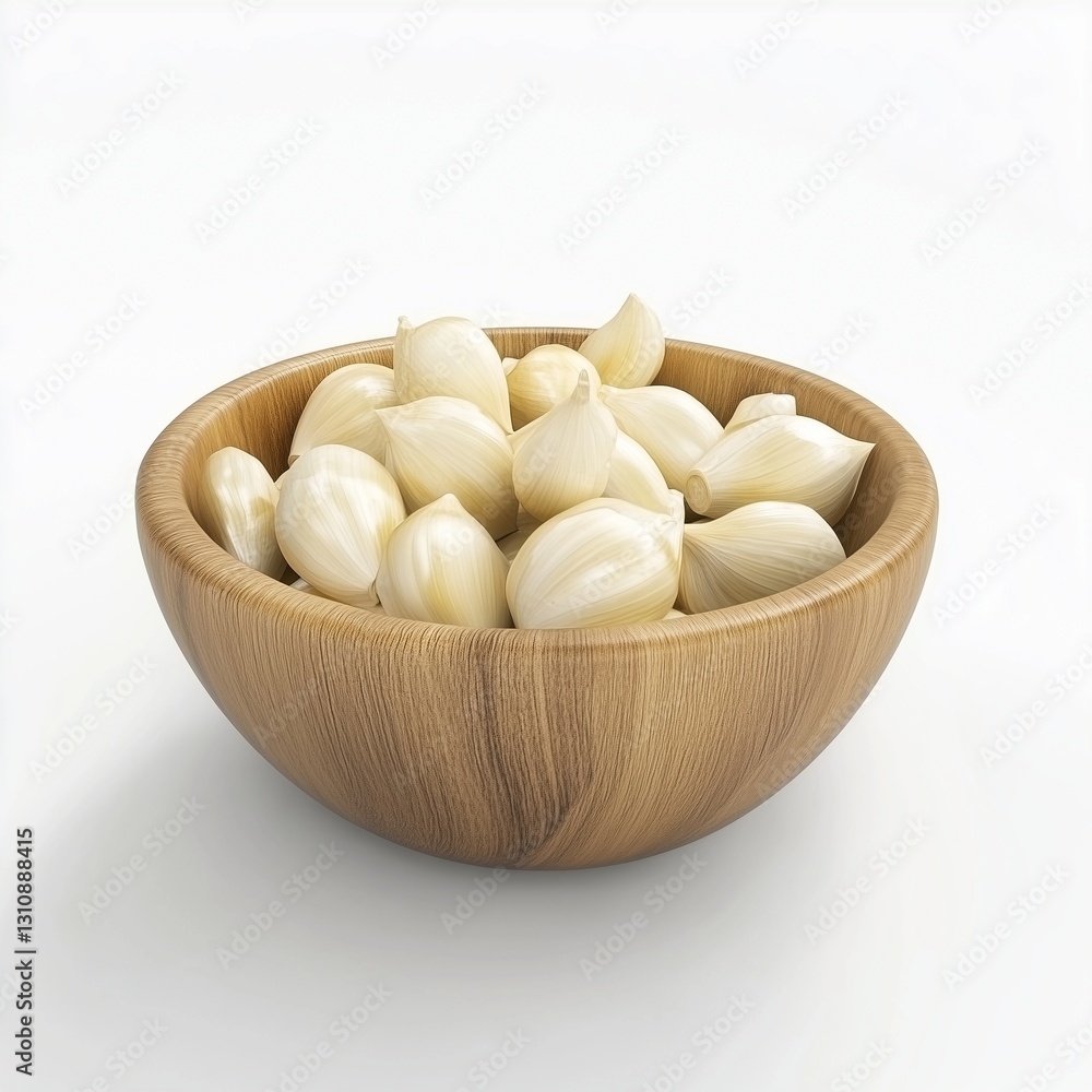 Garlic white pile on wooden bowl seasoning ingredient isolated white Garlic white pile on wooden bowl seasoning ingredient isolated white