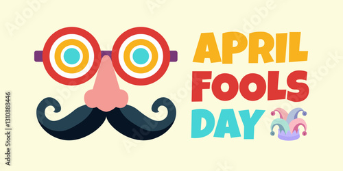 April fools day with funny glasses, mustache, and jester hat illustration vector background design for april fools day event.