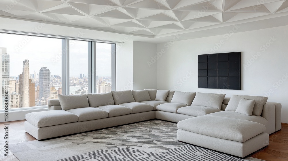 Fototapeta premium Modern minimalist living room with city skyline view and sofa