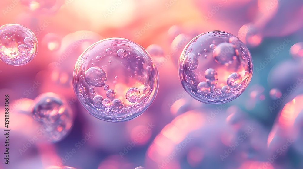Floating spheres featuring smaller bubbles with a pink and purple gradient Floating spheres featuring smaller bubbles with a pink and purple gradient