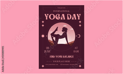 International Yoga Day Post and Greeting Card Design. Modern and Elegant Yoga Day Creative with Woman in Meditation Pose Vector Illustration
