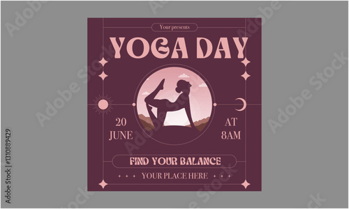 International Yoga Day Post and Greeting Card Design. Modern and Elegant Yoga Day Creative with Woman in Meditation Pose Vector Illustration
