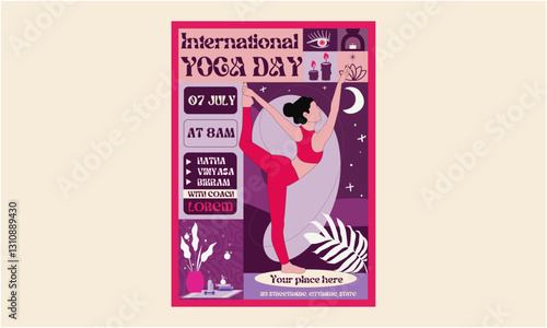 International Yoga Day Post and Greeting Card Design. Modern and Elegant Yoga Day Creative with Woman in Meditation Pose Vector Illustration
