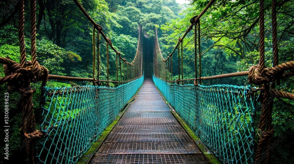 Fototapeta premium Jungle Bridge Adventure: A Walk Through Lush Green Canopy