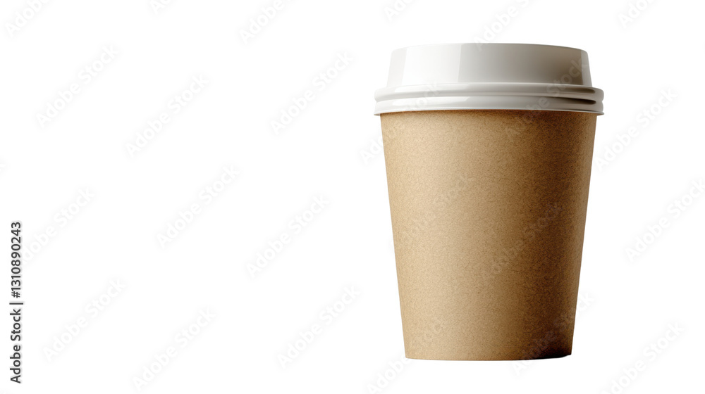 A disposable coffee cup made of kraft paper with a white lid. A disposable coffee cup made of kraft paper with a white lid.