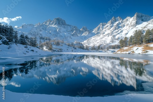 Wallpaper Mural Snowy mountain range reflecting on partially frozen alpine lake on sunny winter day Torontodigital.ca