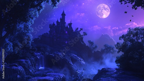night landscape of a medieval castle with full moon and moonlight, fantasy land scenery