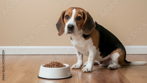 Beagle Puppy Waiting by Food Bowl on Wooden Floor