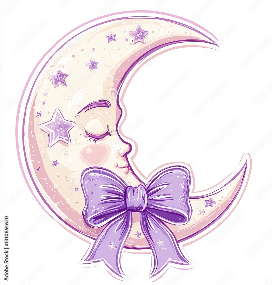 Charming illustration of a crescent moon with a face and bow in pastel colors Charming illustration of a crescent moon with a face and bow in pastel colors