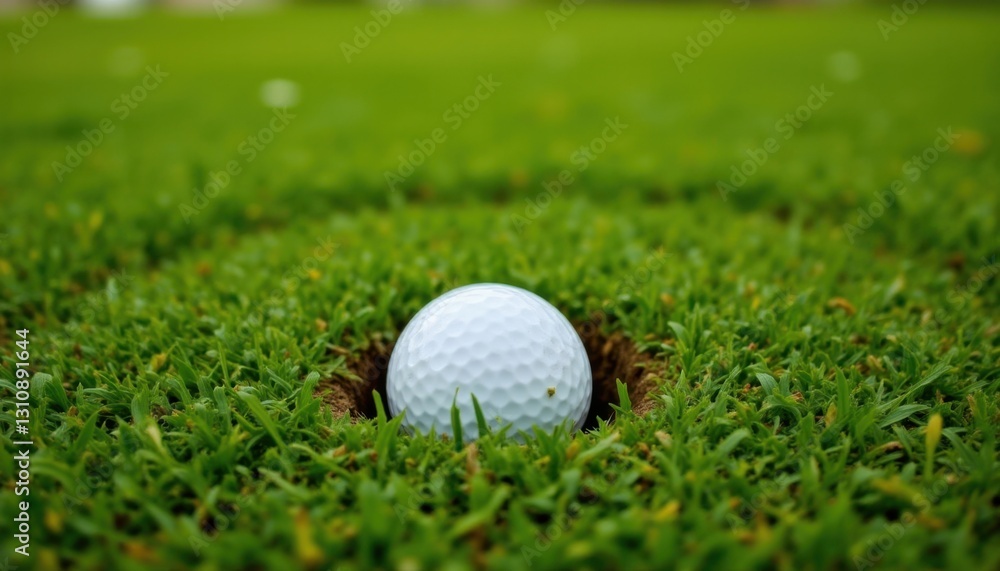 Golf ball on course green golfing event outdoor sports morning light close-up view for enthusiasts