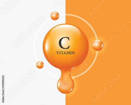 Orange vitamin C extract in a circular shape with a liquid flowing downwards for designing advertisements for food supplements or beauty products, vector 3d for banner advertising concept design