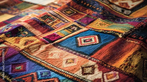 Detailed Textile Art: Intricate patterns and vibrant hues come alive in a close-up shot of a meticulously crafted textile, the play of light and shadow emphasizing its texture and detail. 
