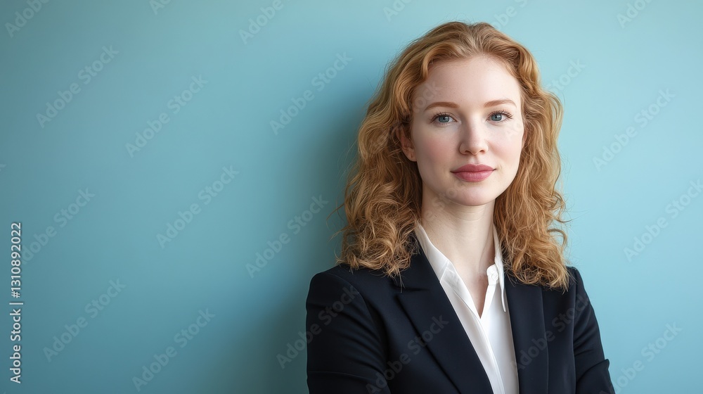 Confident Businesswoman Posing Against a Soft Blue Background Confident Businesswoman Posing Against a Soft Blue Background