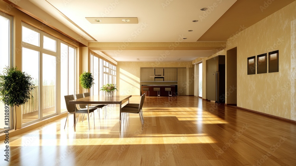 Spacious, modern dining area with large windows and hardwood floors. Sunlight streams into the open-plan living room, kitchen, and dining area. Spacious, modern dining area with large windows and hardwood floors. Sunlight streams into the open-plan living room, kitchen, and dining area.