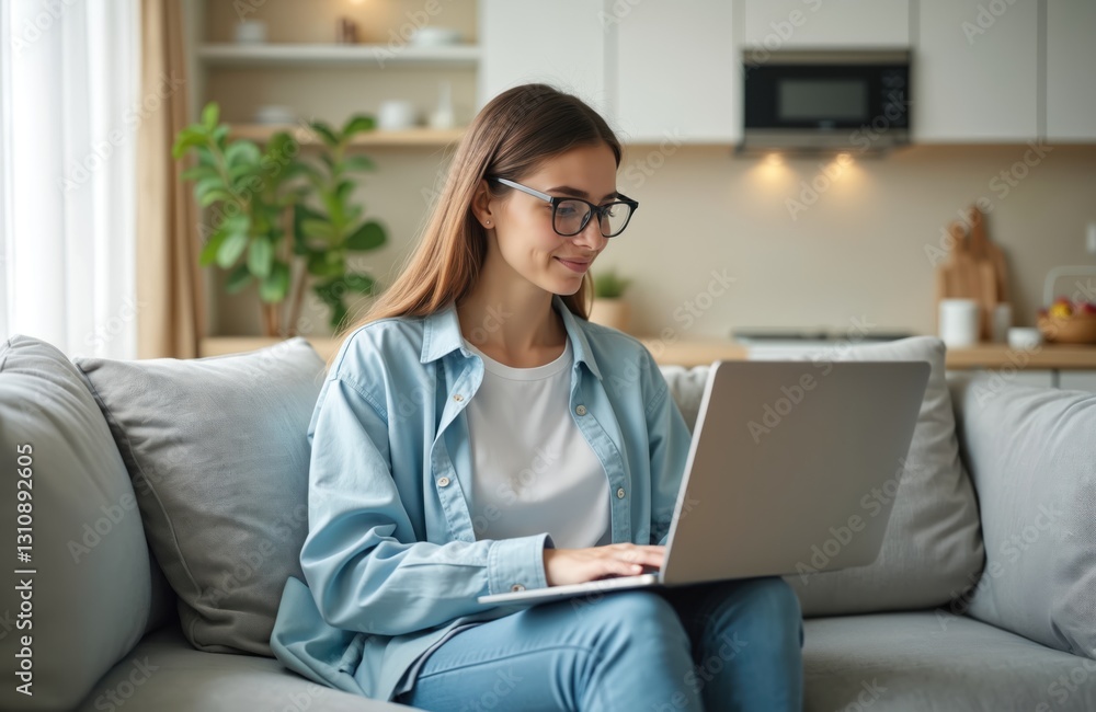 Millennial woman in eyeglasses uses laptop on couch in living room. Young freelancer works remotely browsing web from home. Happy student girl shopping online with notebook pc. Millennial woman in eyeglasses uses laptop on couch in living room. Young freelancer works remotely browsing web from home. Happy student girl shopping online with notebook pc.