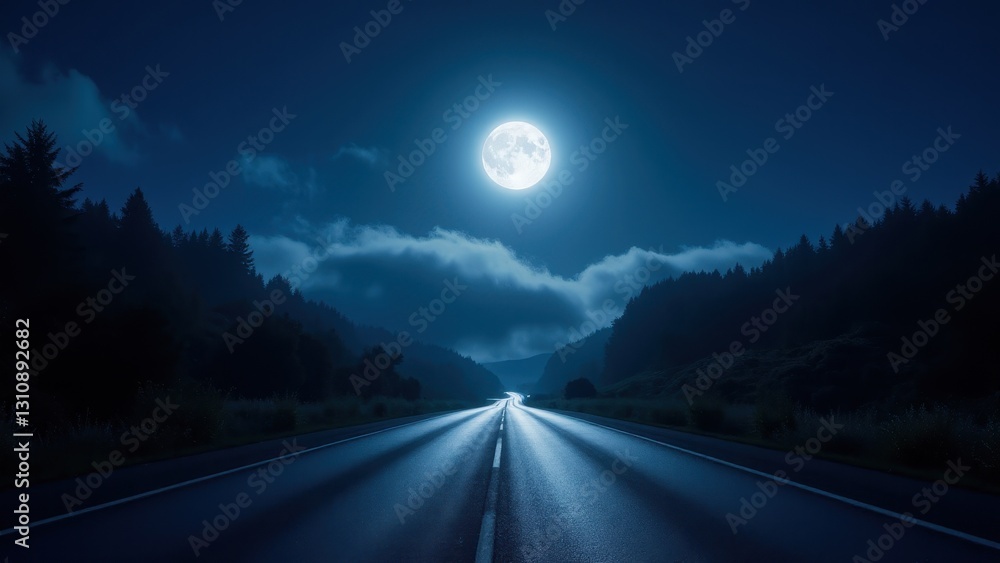 Fototapeta premium A moonlit road stretches into the distance, flanked by dark forests under a bright full moon and scattered clouds.