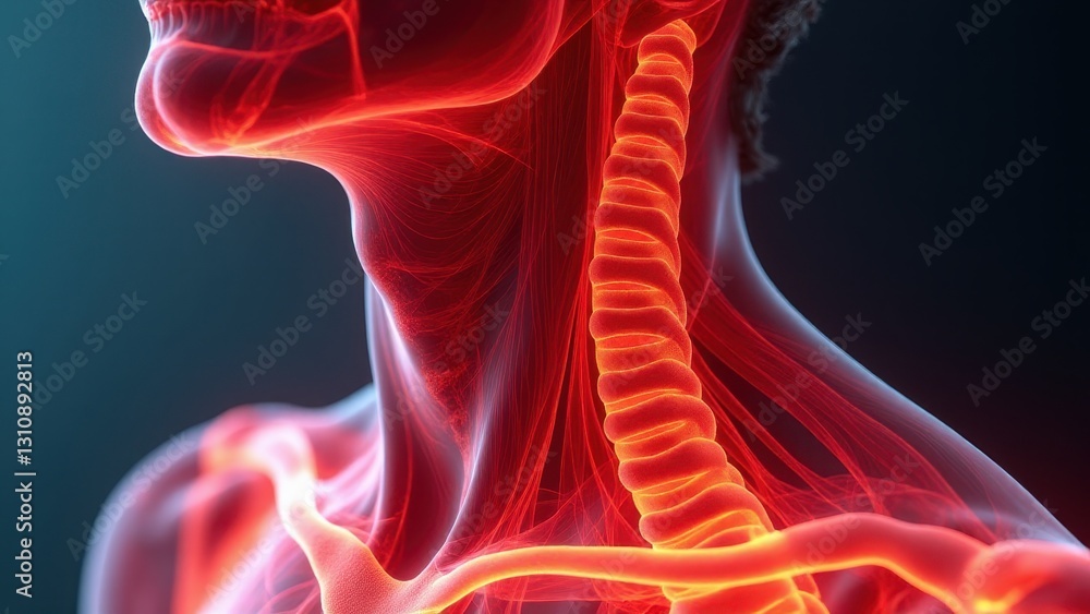 An anatomical illustration of the neck showing the muscles and spine, highlighting muscle knots in the neck.