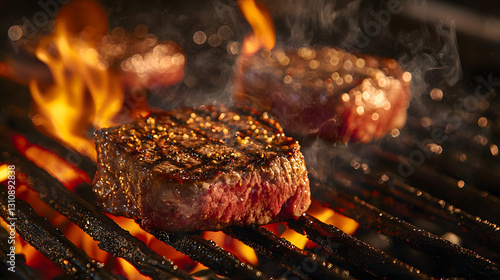 Sizzling A5 Wagyu Steak Seared to Perfection Over a Grill with Flames and Smoke