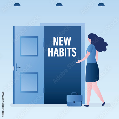 Burnout, overworked businesswoman stand near open door to new habits. Female employee with new lifestyle