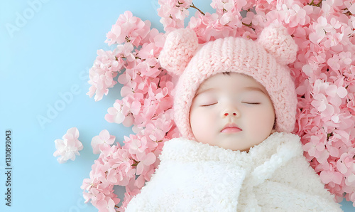 Adorable Baby Sleeping Peacefully Surrounded by Pink Flowers