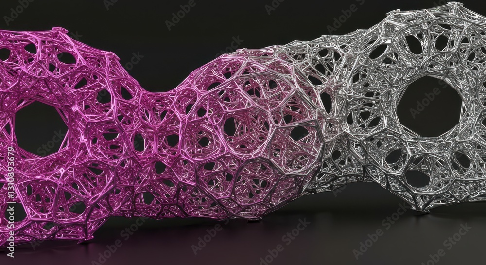 Fototapeta premium Abstract Pink and Silver Interconnected Geometric Structures on Dark Surface