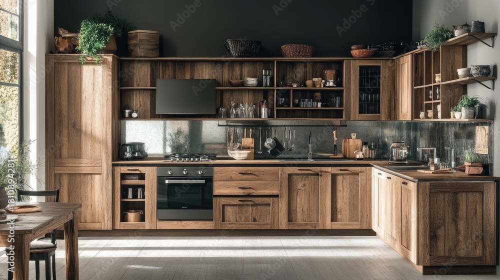 Stylish open kitchen with a mirror backsplash reflecting modern appliances and wood details. Stylish open kitchen with a mirror backsplash reflecting modern appliances and wood details.